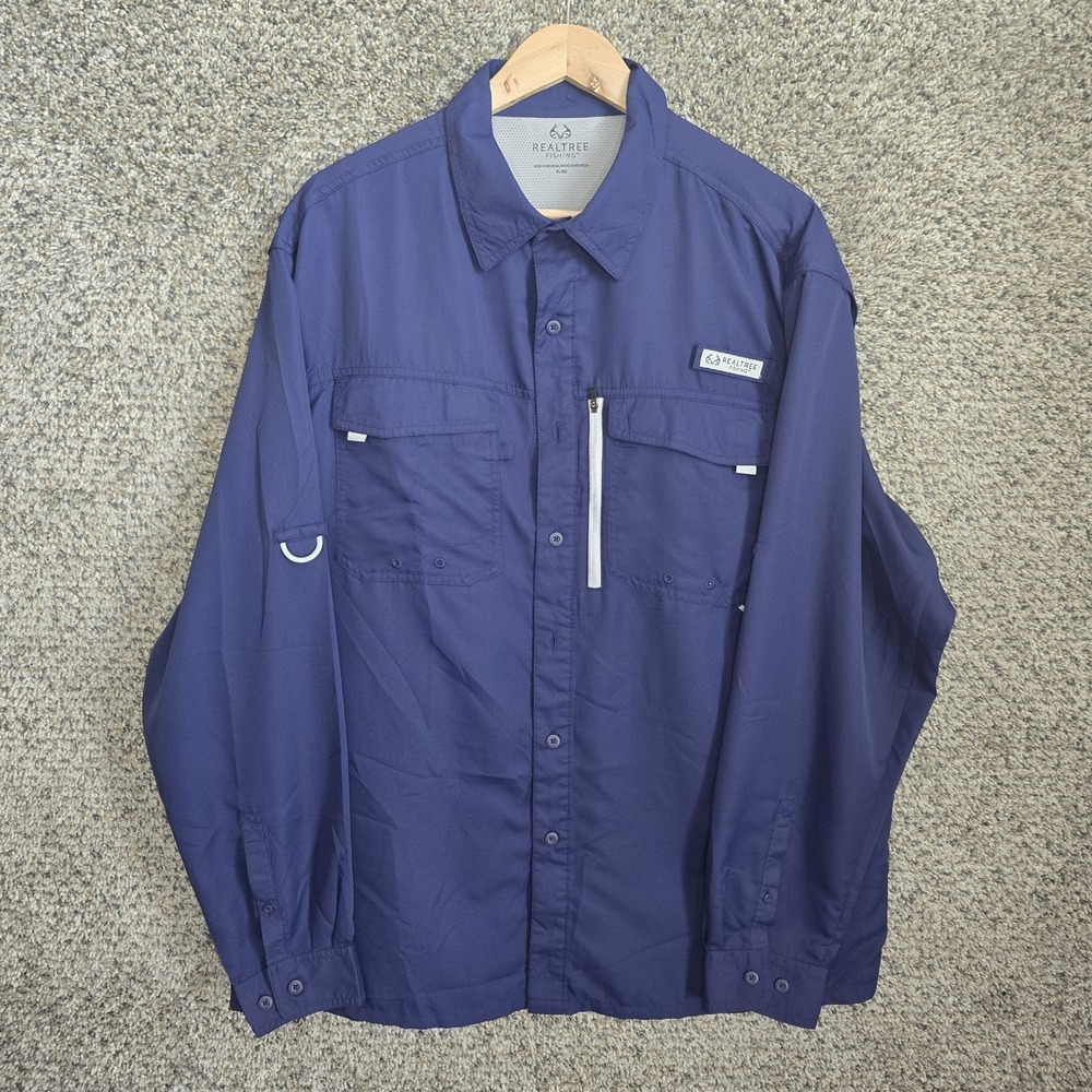 Realtree Fishing Shirt Mens XL Navy Blue Button Up Mesh Lined Long Sleeve